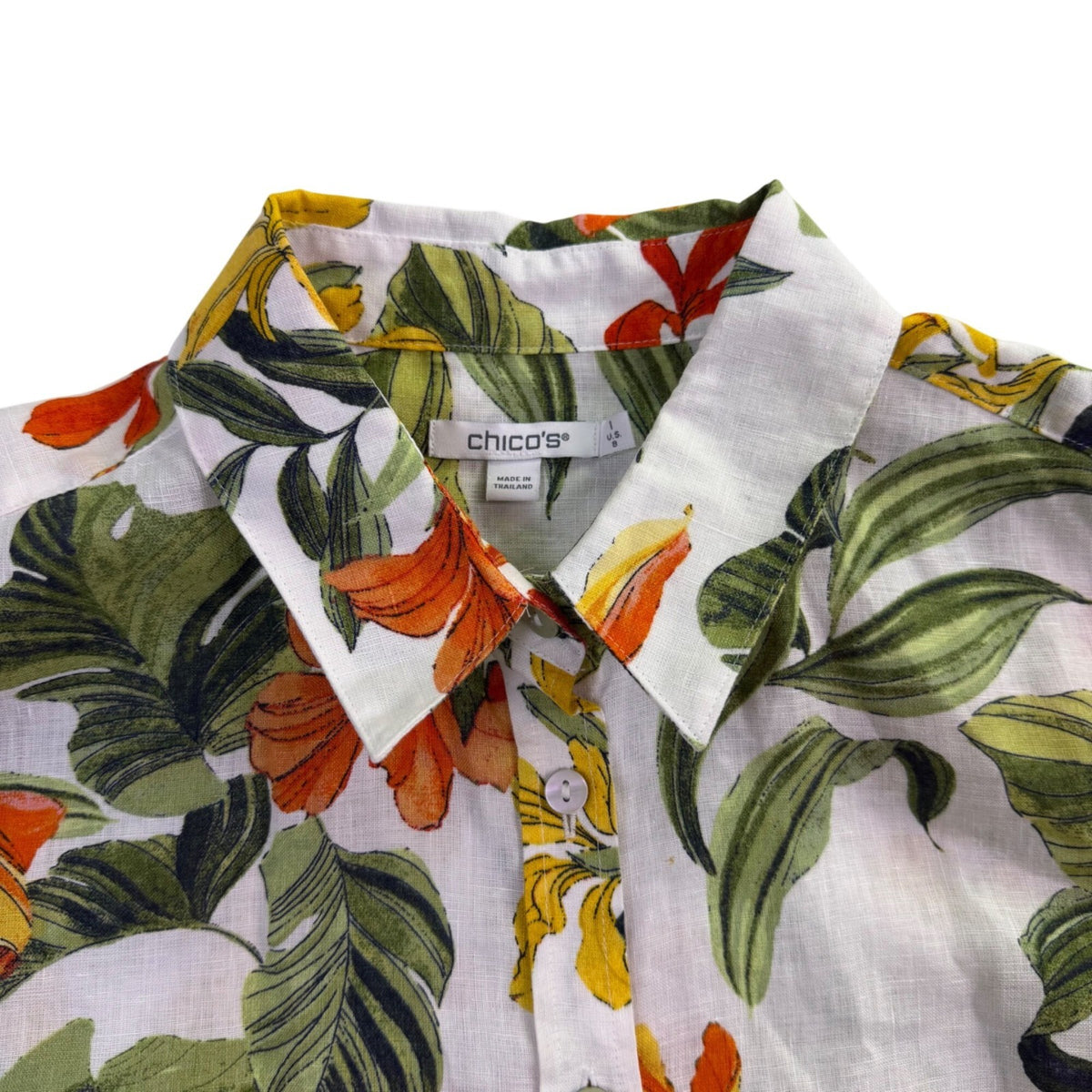 Chicos Womens White Multi Linen Button-Up Floral Shirt Vibrant Size 1 US 8