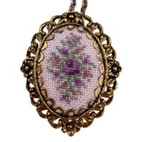 Vintage Needlepoint Floral Pendant & Clipon Earrings Set Gold Tone Necklace
