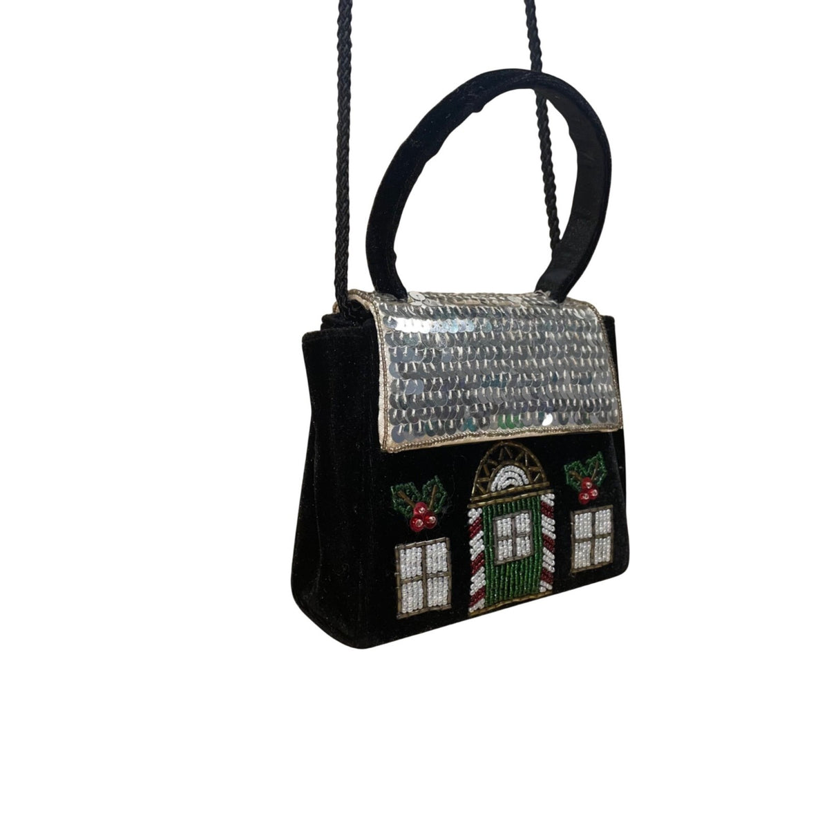 Confetti Women’s Black Velvet & Sequin Holiday House Handbag With Handle & Strap