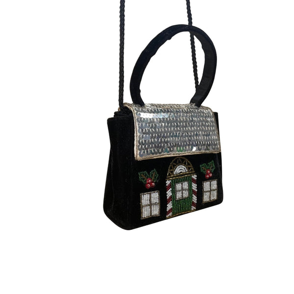 Confetti Women’s Black Velvet & Sequin Holiday House Handbag With Handle & Strap