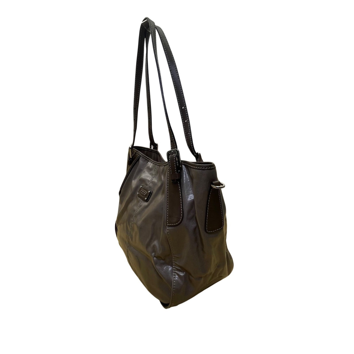 Tods Women’s Gray Patent & Brown Double Strap Signature Logo Accent Tote Bag