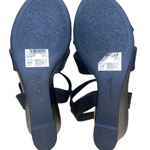 Clarks Women’s Black Leather Adhesive Strap Tulip Gem Wedge Sandals Size 11M