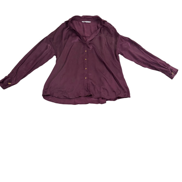 Zara Womens Purple Satin Button-Up Long-Sleeve Blouse Lightweight Sz XL 