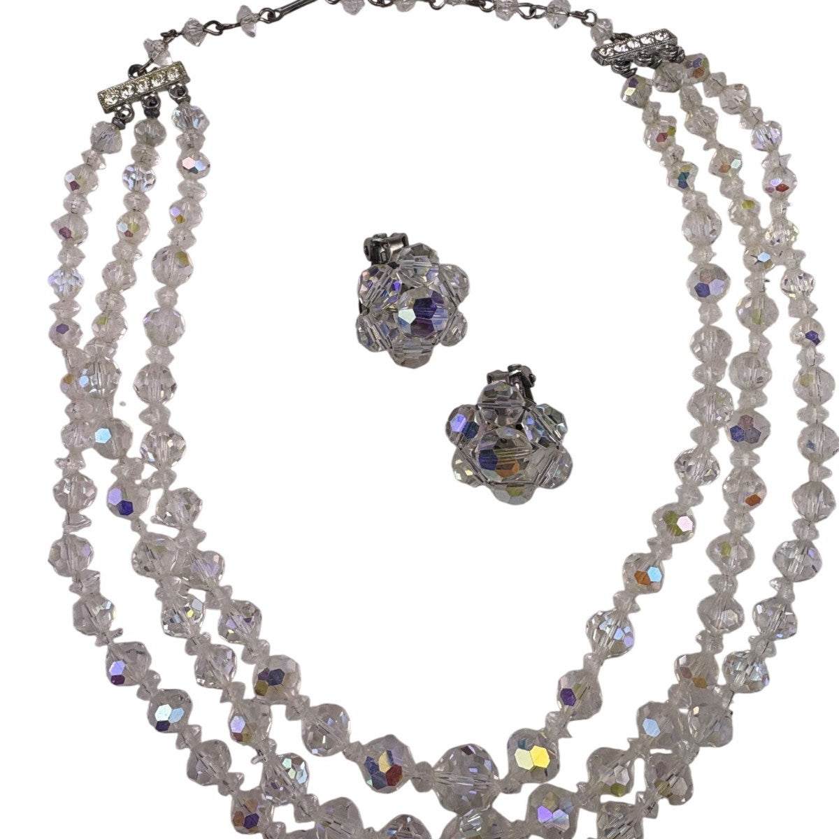 Aurora Borealis Womens Crystal Necklace & Clip-On Earrings Vintage Set Silver To