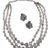 Aurora Borealis Womens Crystal Necklace & Clip-On Earrings Vintage Set Silver To