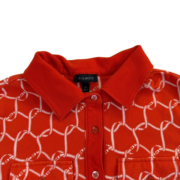 Talbots Womens Orange Chain-Print Long-Sleeve Collared Shirt Sz XS