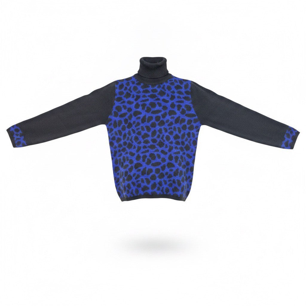 Nina Leonard Womens Black & Blue Leopard Print Turtleneck Sweater Size M