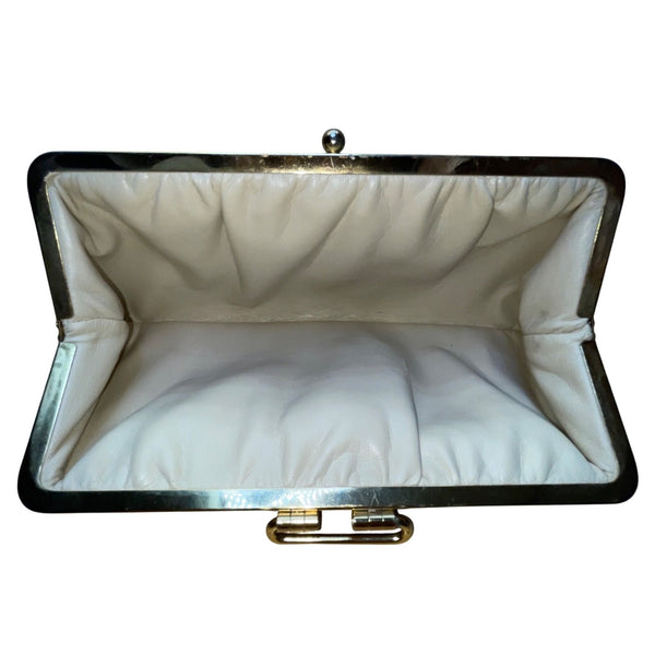 Vintage Women's White Leather With Gold Trim Pleated Design Evening Clutch Bag