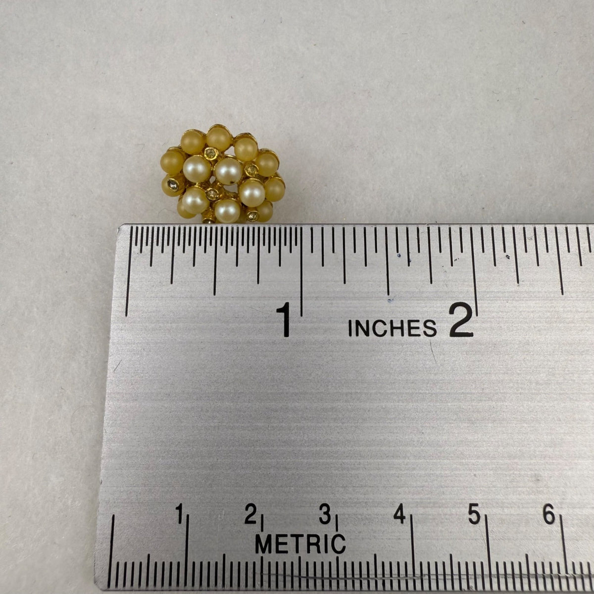 Gold Tone Clip-On Earrings With Faux Pearls & Rhinestones Cluster Design Vintage