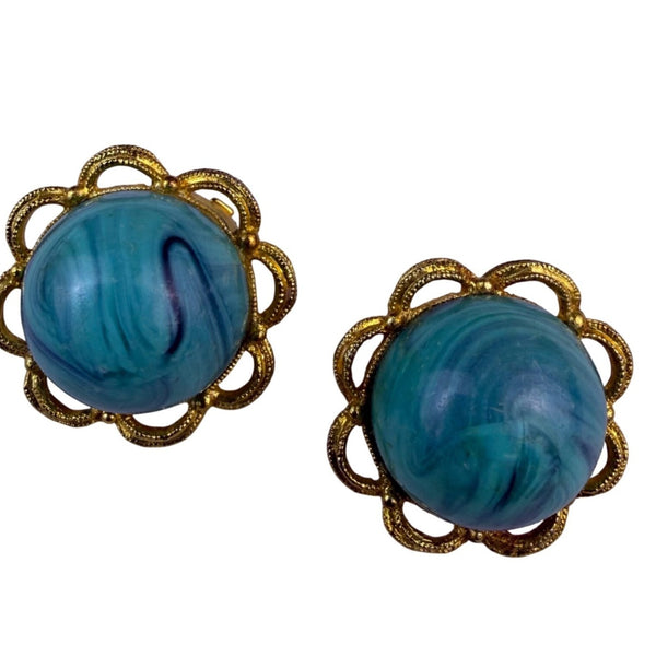 Fibe Womens Gold Tone Blue Swirl Cabochon Clip-On Earrings Vintage