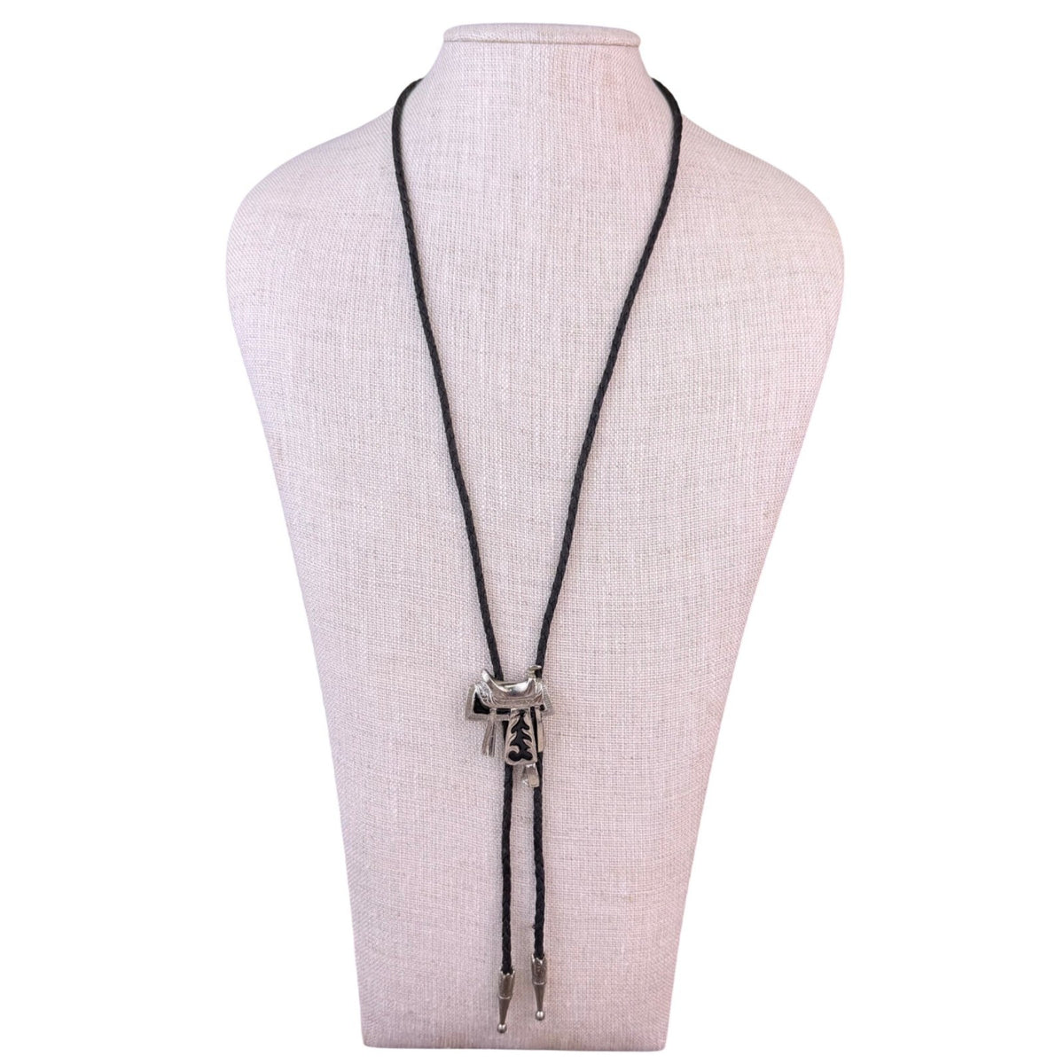 Silver-Toned & Black Western Enamel  Bolo Tie Braided Leather Cord Adjustable
