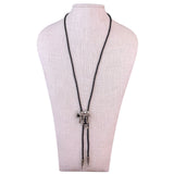 Silver-Toned & Black Western Enamel  Bolo Tie Braided Leather Cord Adjustable