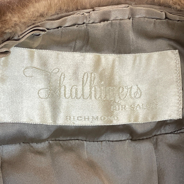 Vintage Thalhimers Women's Brown Fur Coat With 3/4 Sleeves & Hook Closure