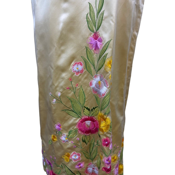 Gold Floral Embroidered Satin Sleeveless Womens Maxi Dress Classy Collar Design