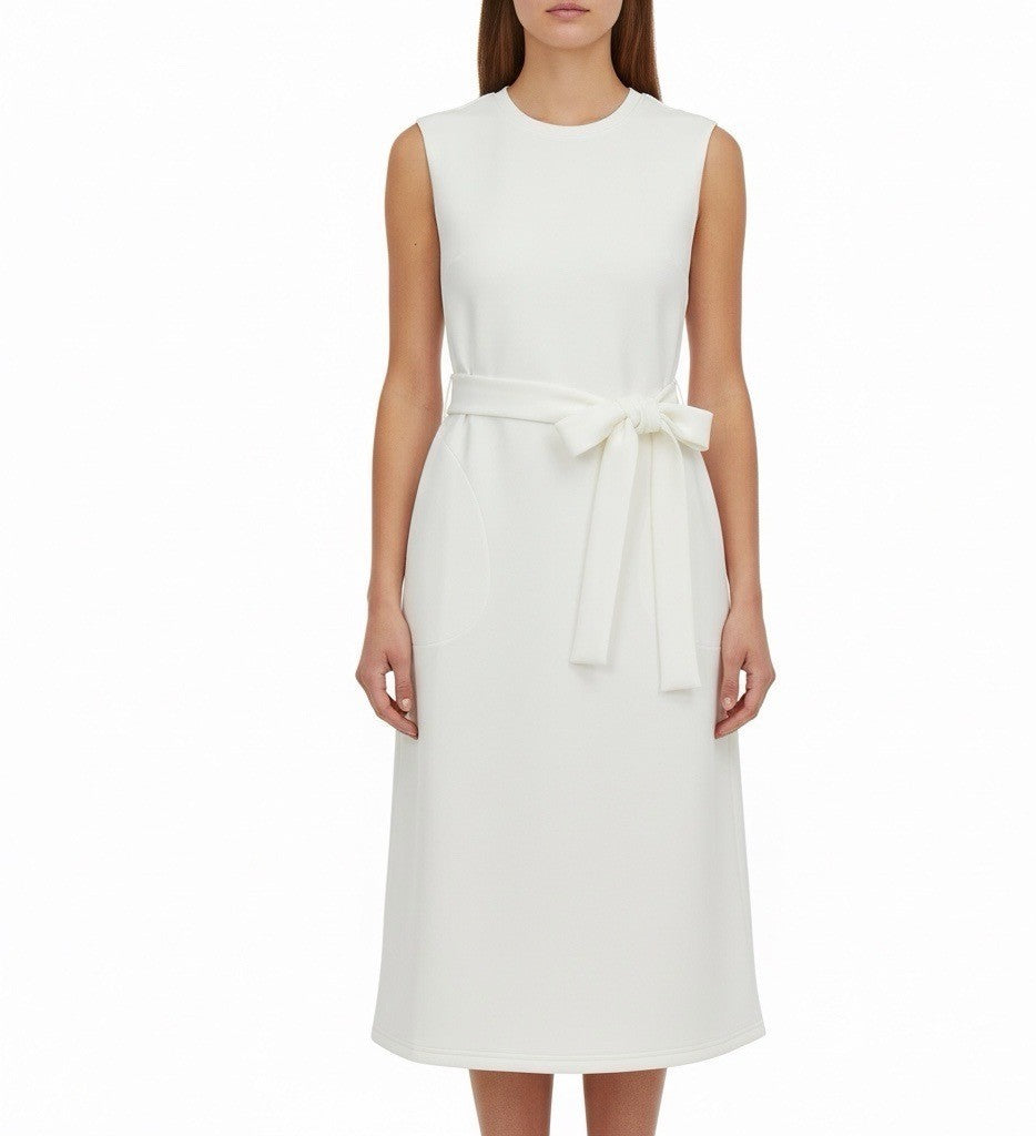 Spanx Women White Sleeveless Belted Midi Dress AirEssentials Pockets Size M