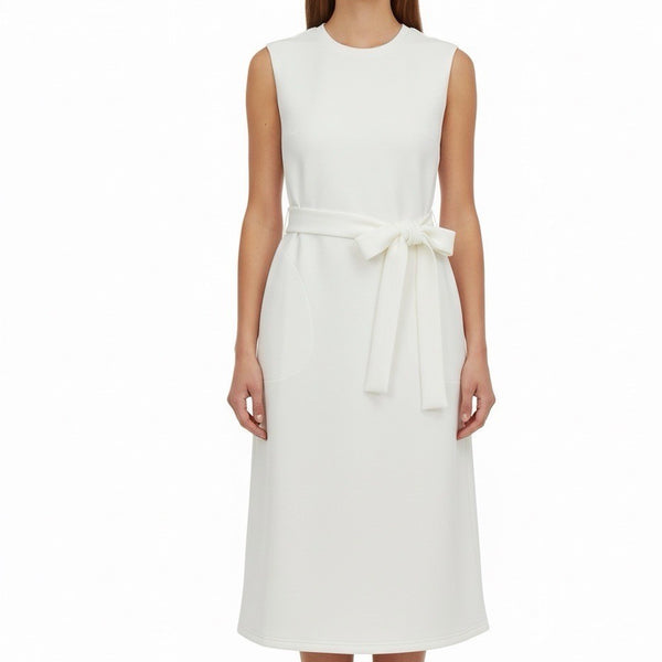 Spanx Women White Sleeveless Belted Midi Dress AirEssentials Pockets Size M