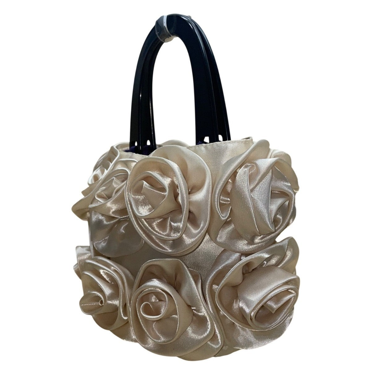 For Your Ease Only Women’s Ivory Floral Rose Satin With Black Handles Handbag