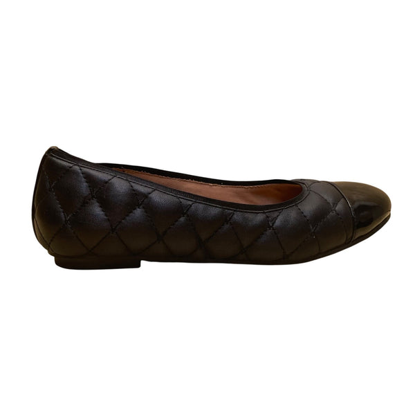 Women’s Black Quilted Leather Desiree Patent Cap Toe Flats Size 6.5