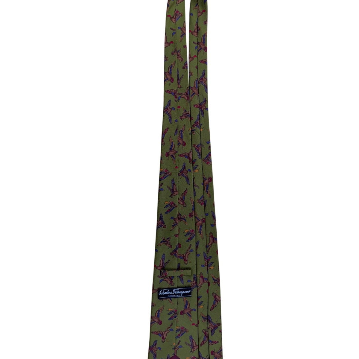 Ferragamo Mens Green Silk Tie Mallard Duck Animal Print Made In Italy
