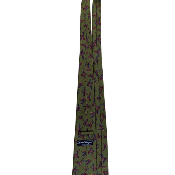Ferragamo Mens Green Silk Tie Mallard Duck Animal Print Made In Italy