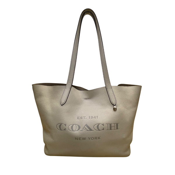 Coach Women’s Taupe Leather Embossed Logo Double Handles Snap Closure Tote Bag