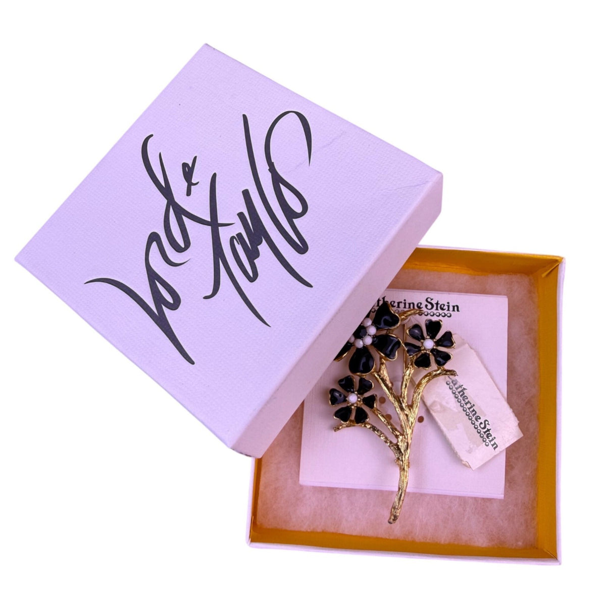Catherine Stein Women Gold Tone Black Enamel Flower Bouquet Pin Brooch In Box