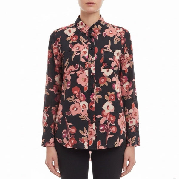 Kate Spade Womens Black & Pink Silk Floral Button-Up Blouse Elegant Top Size S