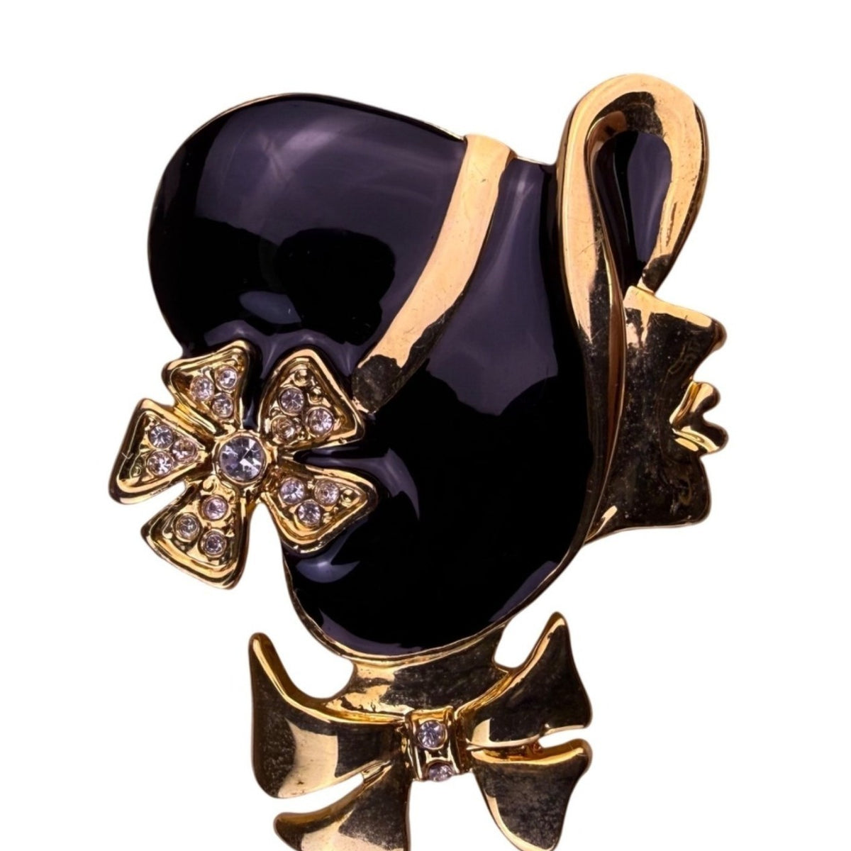 Vintage Gold Tone & Black Enamel Lady Hat Brooch With Rhinestones