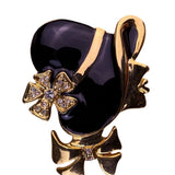 Vintage Gold Tone & Black Enamel Lady Hat Brooch With Rhinestones