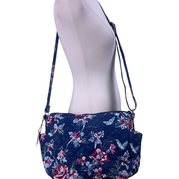 Vera Bradley Womens Navy Quilted Floral Adjustable Strap On-The-Go Crossbody Bag