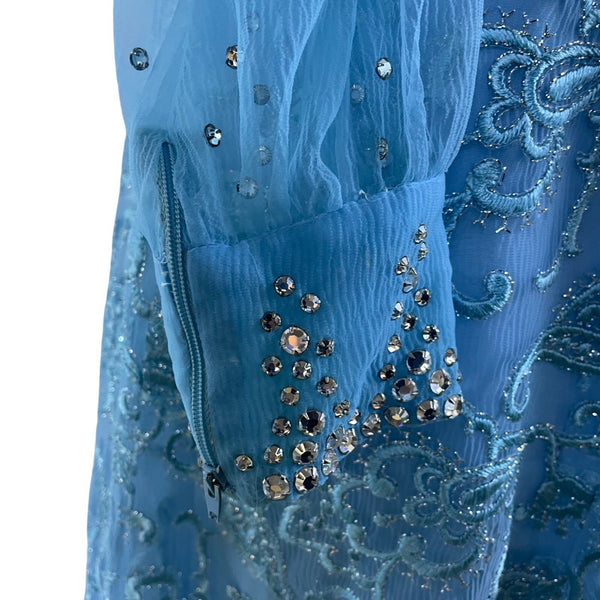 Vintage Womens Blue Embellished Sheer Long-Sleeve Gown With Beaded Overlay
