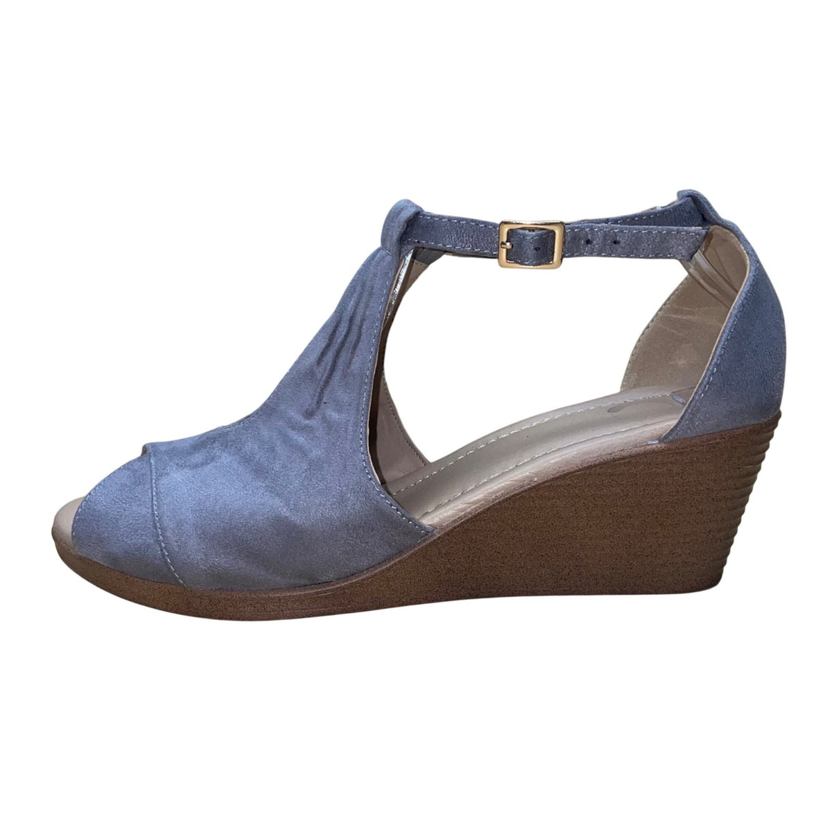 Journee Collection Women’s Gray Suede Open Toe Ankle Strap Wedge Sandals Size 9