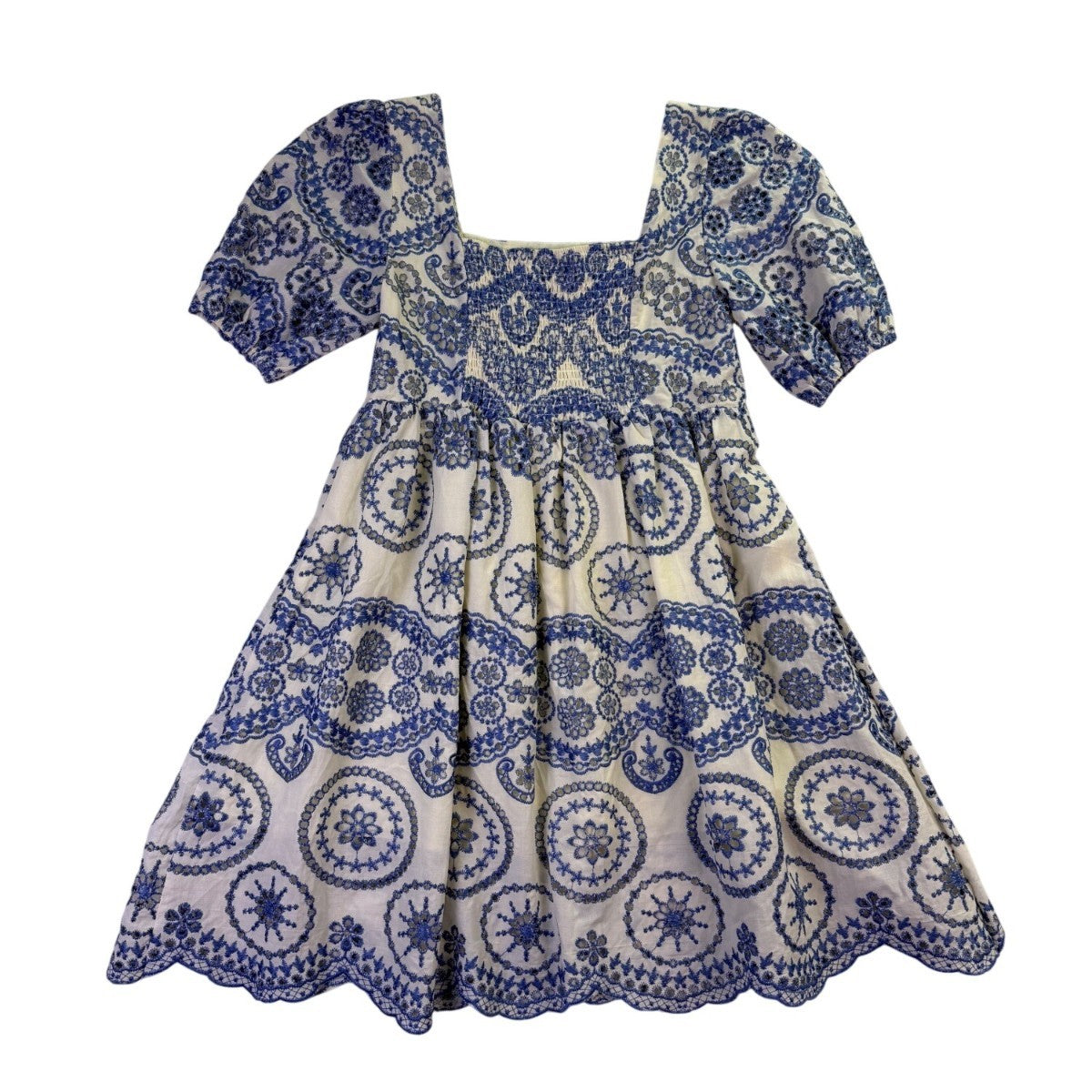 Sundayup Women White & Blue Embroidered Cotton Dress Square Neck Size L