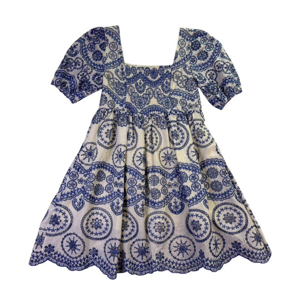 Sundayup Women White & Blue Embroidered Cotton Dress Square Neck Size L