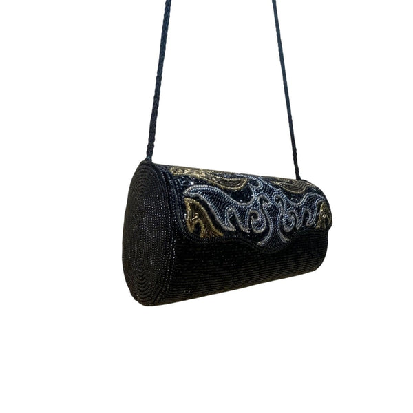 Milor Women’s Black & Gold Beaded Cylindrical Floral Design Shoulder Bag Clutch