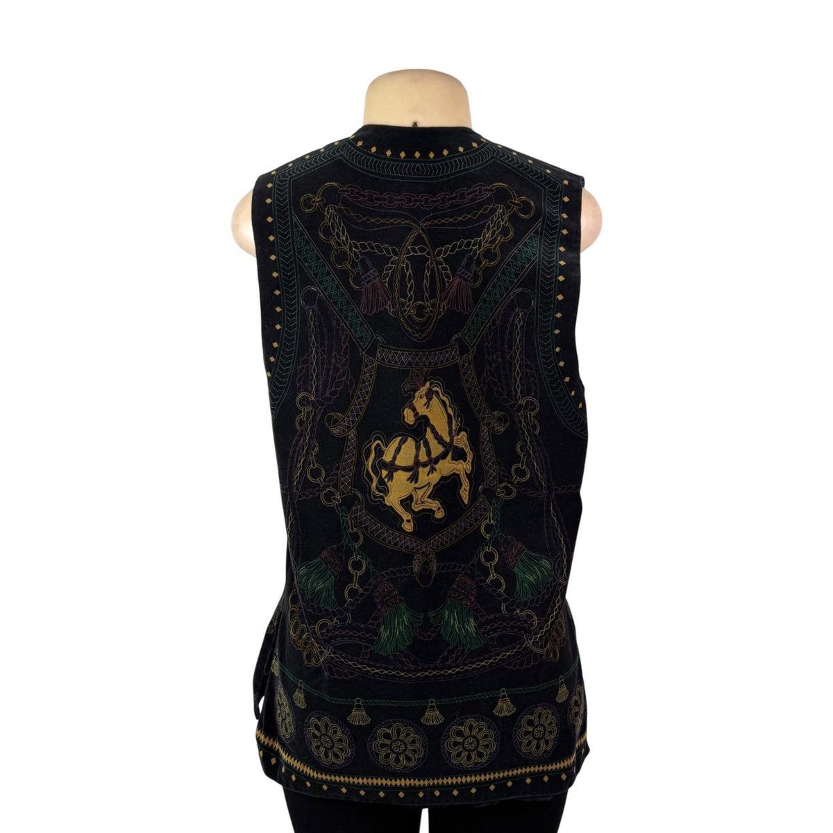 Rose Fashion Womens Black Embroidered Sleeveless Vest Chain Horse Design Sz M