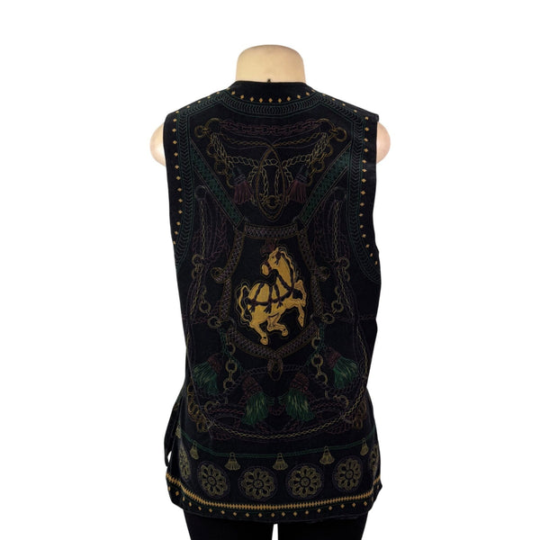Rose Fashion Womens Black Embroidered Sleeveless Vest Chain Horse Design Sz M