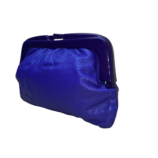 Made In Italy Genuine Leather Women's Blue With Hard Frame Textured Clutch Bag