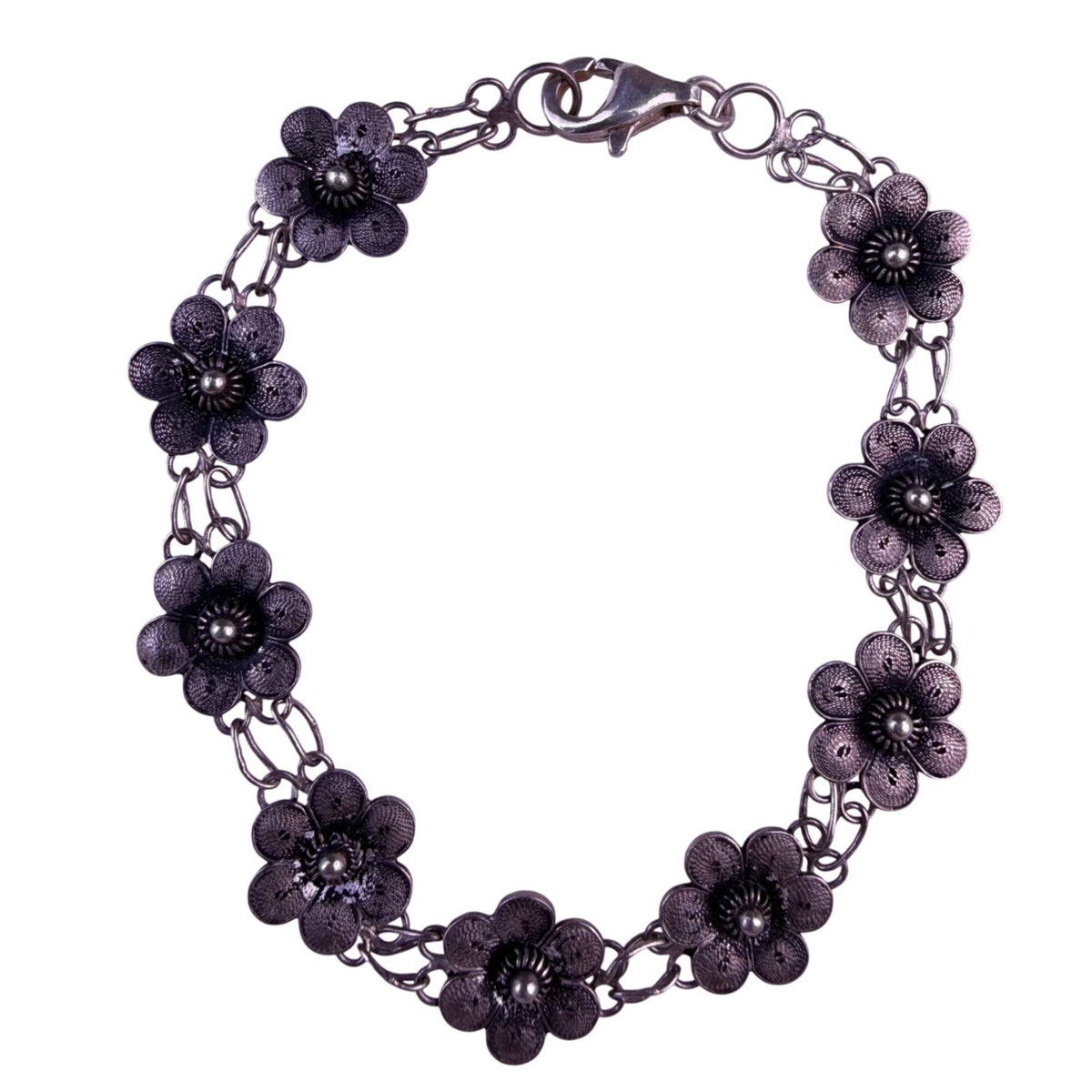Vintage Womens Sterling Silver  Floral Link Oxidized  Bracelet