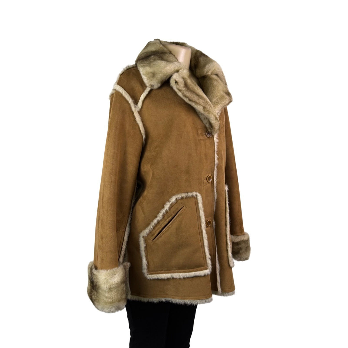 Dennis By Dennis Basso Womens Tan Faux Suede & Fur Button Jacket Winter Sz L