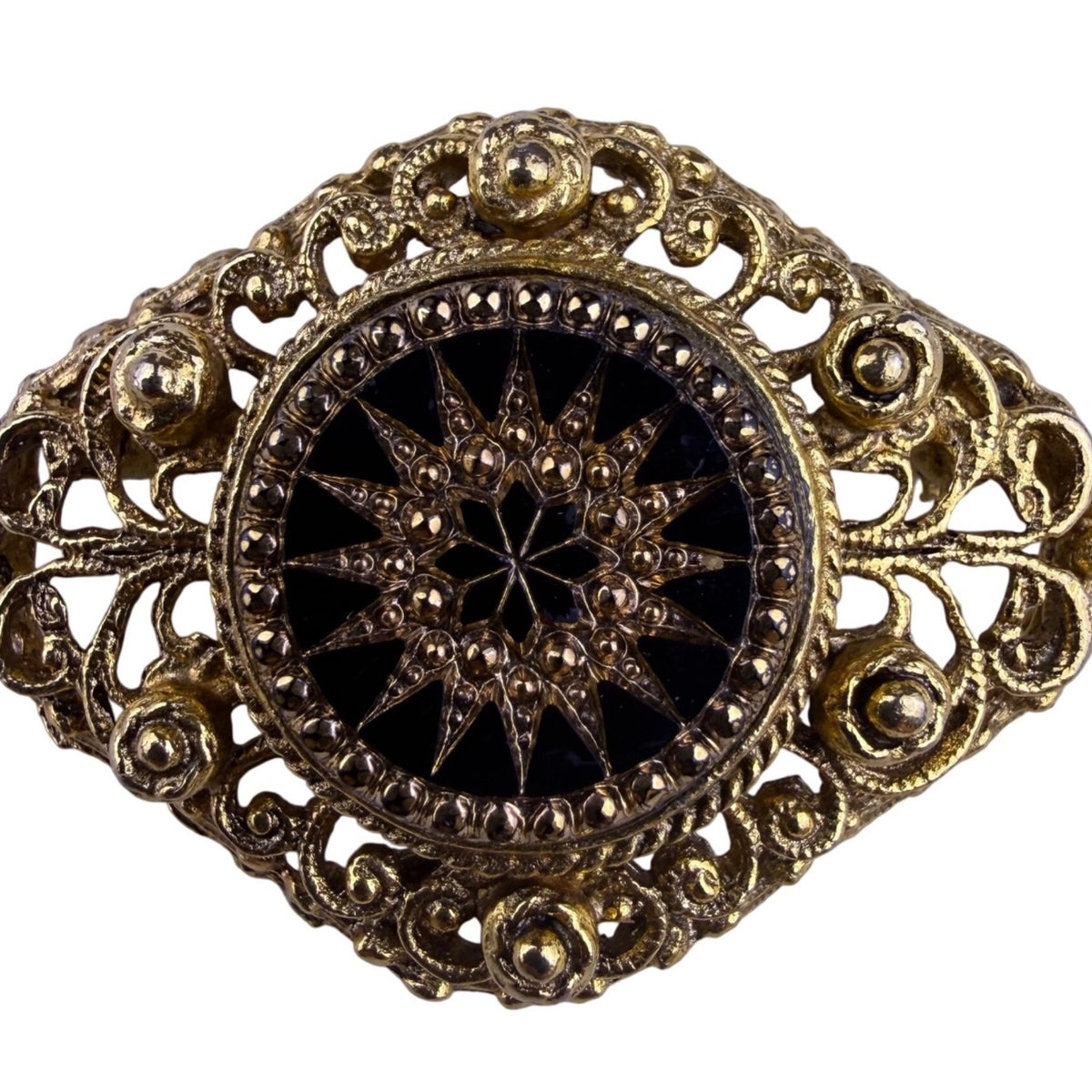 Vintage Unknown Gold Tone Black Glass Filigree Brooch Intricate Design Classic