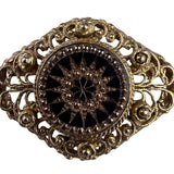 Vintage Unknown Gold Tone Black Glass Filigree Brooch Intricate Design Classic