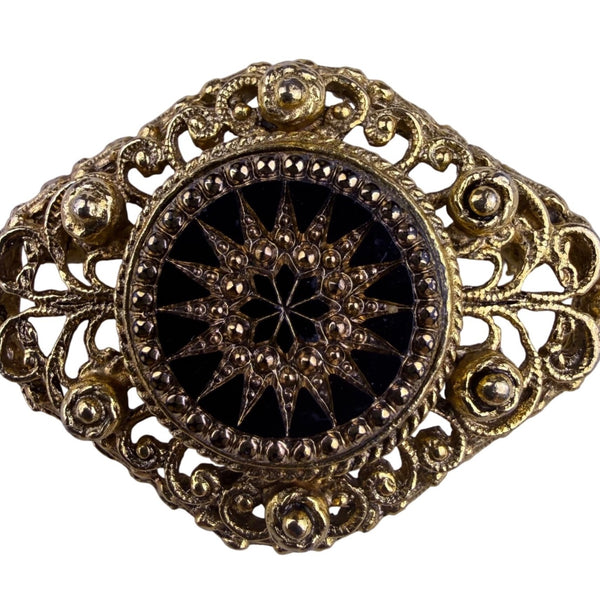 Vintage Unknown Gold Tone Black Glass Filigree Brooch Intricate Design Classic