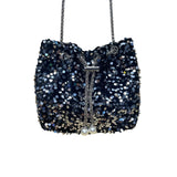 Women’s Black & Silver Sequined With Drawstring Chain Strap Purse