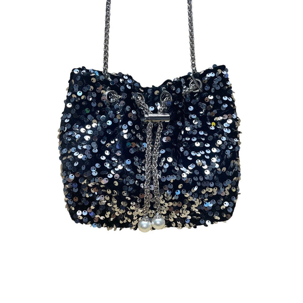 Women’s Black & Silver Sequined With Drawstring Chain Strap Purse