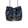 Women’s Black & Silver Sequined With Drawstring Chain Strap Purse