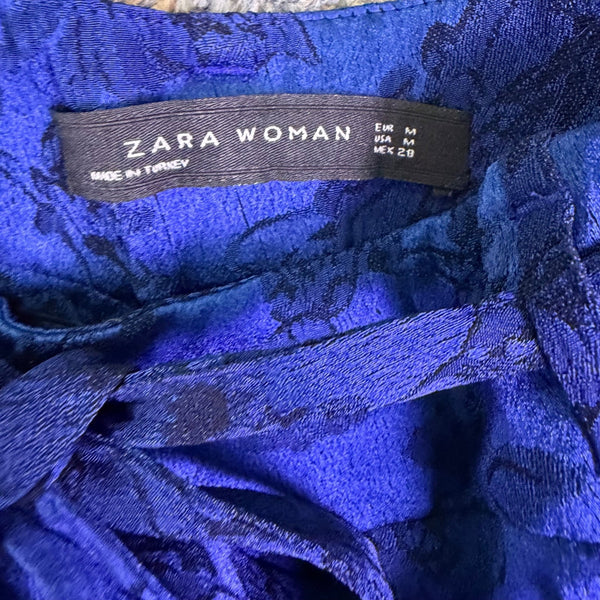 Zara Woman Womens Blue Floral Wide-Leg Pants Drawstring Waist Size M