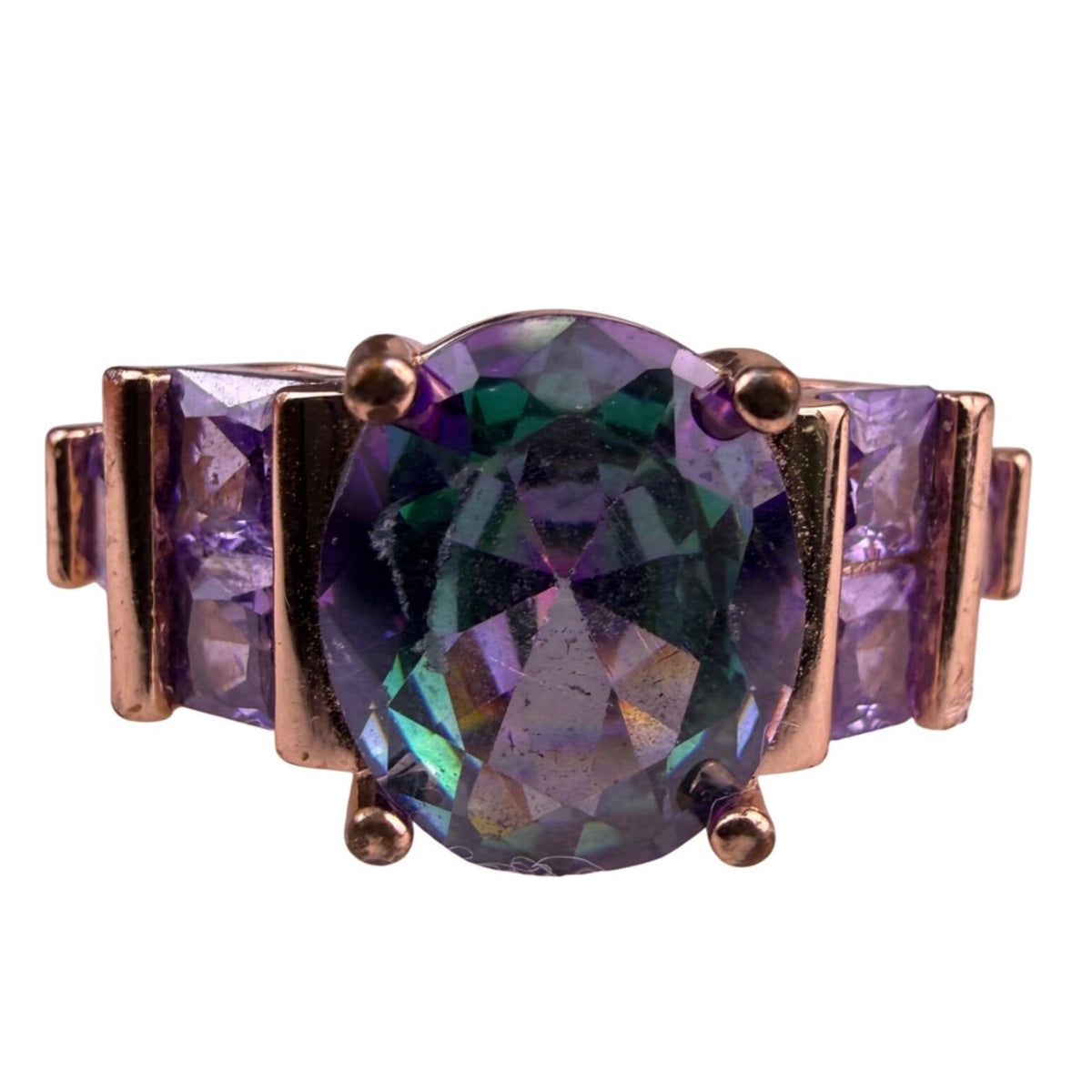 Modern Womens Rose Gold Tone Ring Rainbow Cubic Zirconia Purple Gemstones