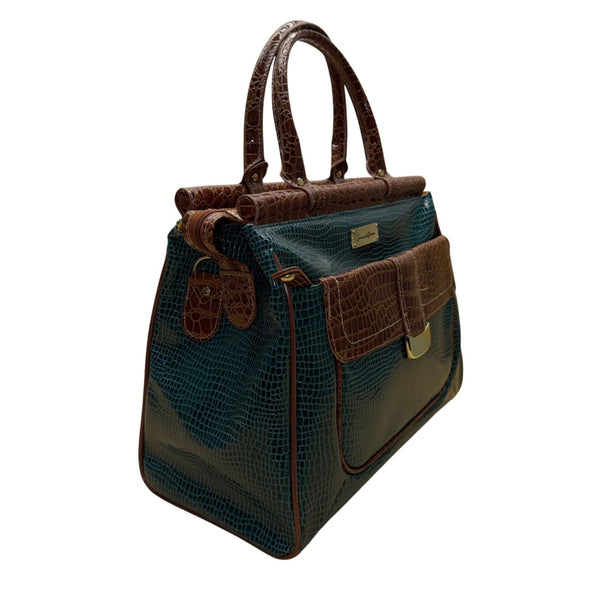 Samantha Brown Women’s Teal & Brown Croc Embossed Lining Dual Handles Travel Bag
