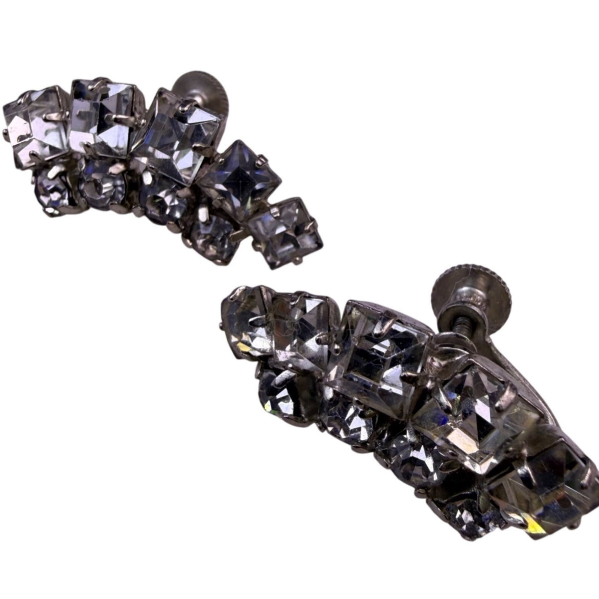 Vintage Womens Silver Tone Rhinestone Cluster Screw-Back Earrings Classic